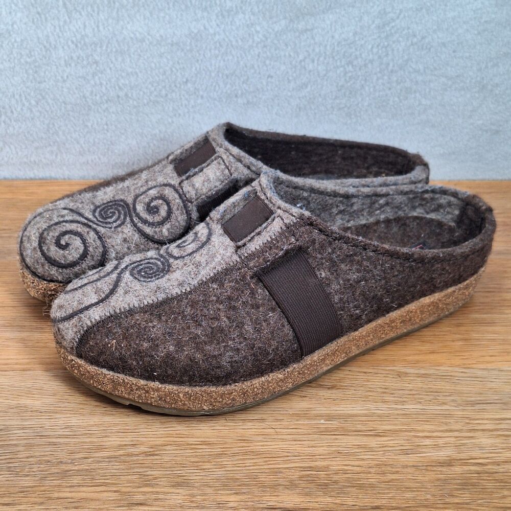 Haflinger Magic Swirl Women's US 6 EU 37 Wool Clog Slippers Brown Embroidered